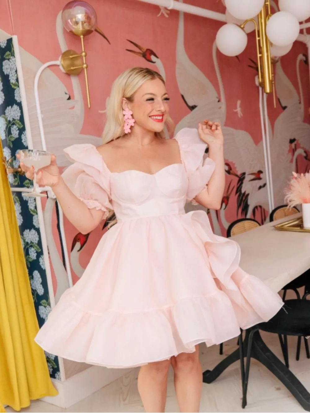 Selkie Blush Pink Bebe Bloom Dress Pink Puff Sleeve Fit-and-Flare Dress